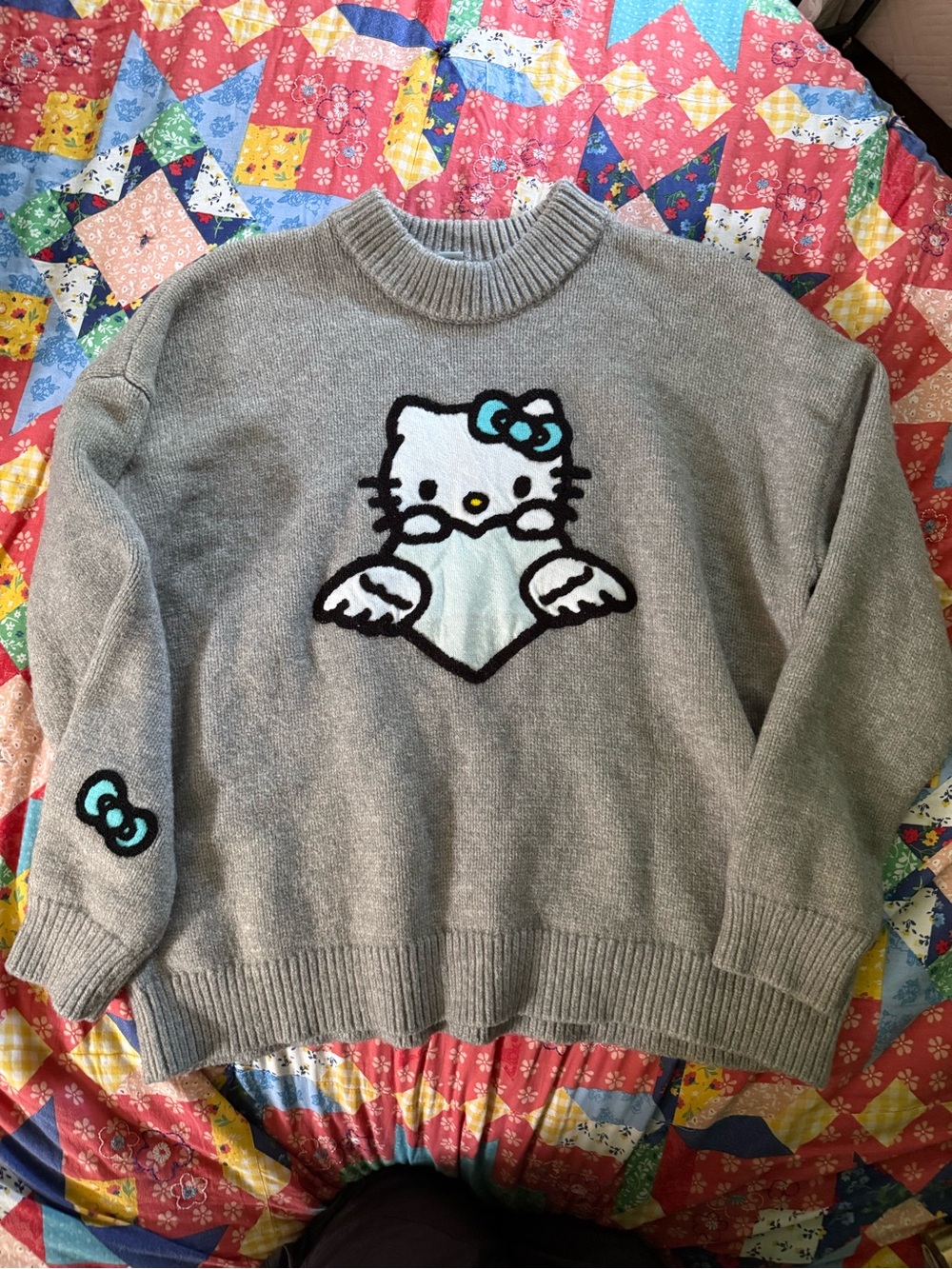 Hello Kitty Gray Crewneck Sweater with Teal Accents